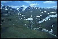 Aerial view of river and valley in the Twin Lakes area. Lake Clark National Park ( color)