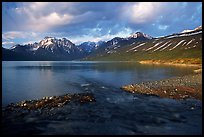 Stream flowing into Turquoise Lake, sunset. Lake Clark National Park, Alaska, USA.