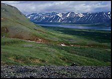 Tundra-covered hills and Twin Lakes. Lake Clark National Park ( color)