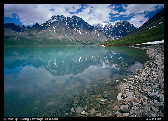 Shore of Turqouise Lake with Telaquana Mountains reflected in silty water. Lake Clark National Park, Alaska, USA.