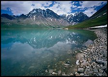 Shore of Turqouise Lake with Telaquana Mountains reflected in silty water. Lake Clark National Park, Alaska, USA. (color)