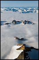 Aerial view of ridges and summits emerging from sea of clouds, St Elias range. Wrangell-St Elias National Park, Alaska, USA.