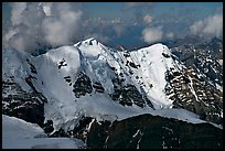 Aerial view of peak with seracs and hanging glaciers, University Range. Wrangell-St Elias National Park, Alaska, USA. (color)