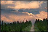 Road and Nutzotin Mountains at sunset. Wrangell-St Elias National Park, Alaska, USA.