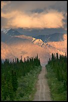 Road leading to mountains and clould lit by sunset light. Wrangell-St Elias National Park, Alaska, USA.