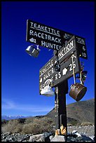 Tea kettle Junction sign, adorned with tea kettles. Death Valley National Park, California, USA. (color)