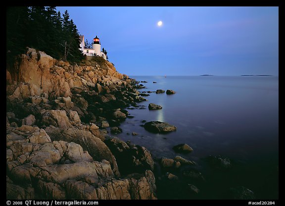 Bass Harbor Lighthouse, moon and reflection. Acadia National Park (color)