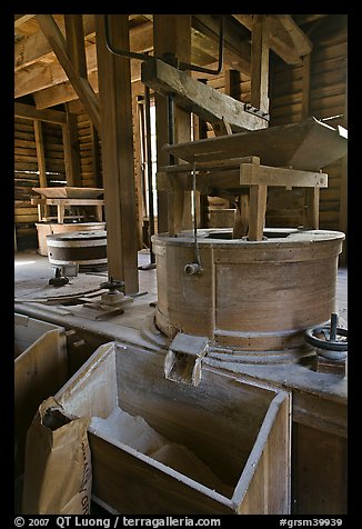 Turbine-powered grist stones inside Mingus Mill, North Carolina. Great Smoky Mountains National Park (color)