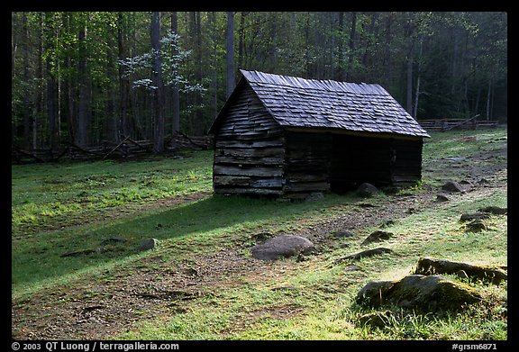 Jim Bales log Cabin in meadow, early morning, Tennessee. Great Smoky Mountains National Park (color)