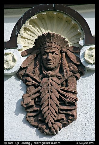 Bas relief depicting Indian chief on Quapaw Baths facade. Hot Springs National Park (color)