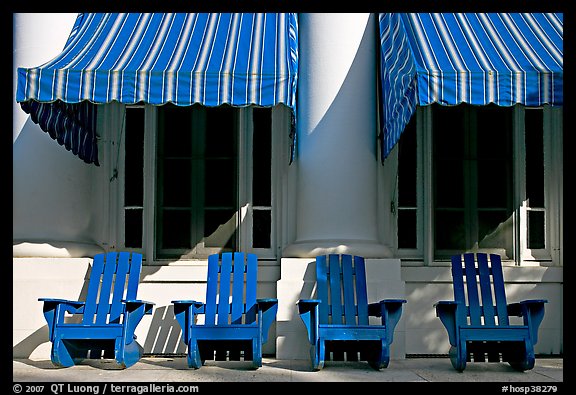 Blue chairs, windows, and shades, Buckstaff Baths. Hot Springs National Park (color)