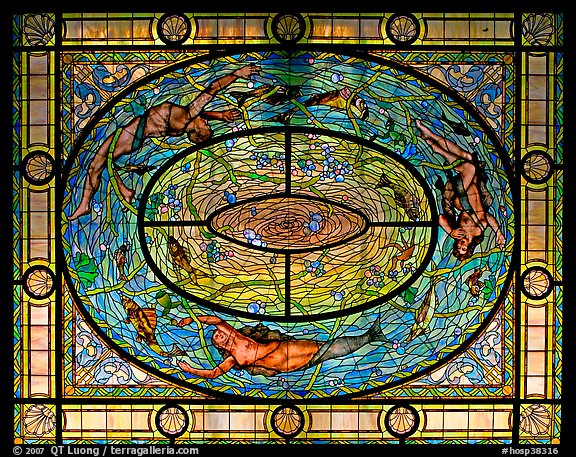Stained glass on ceiling of men's room, Fordyce Bathhouse. Hot Springs National Park (color)