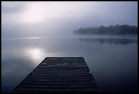 Dock and morning fog, Woodenfrog. Voyageurs National Park, Minnesota, USA.