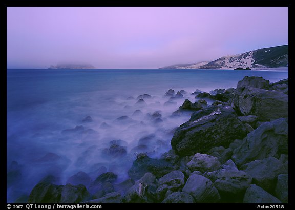 Prince Island and Cuyler Harbor with fog, dusk, San Miguel Island. Channel Islands National Park, California, USA.