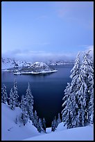 Wizard Island and Lake at dusk, framed by snow-covered trees. Crater Lake National Park, Oregon, USA. (color)
