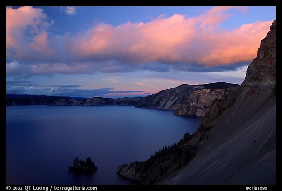 Phantom ship and lake seen from Sun Notch, sunset. Crater Lake National Park (color)