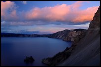 Phantom ship and lake seen from Sun Notch, sunset. Crater Lake National Park, Oregon, USA. (color)