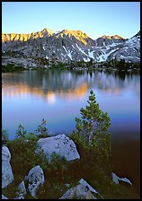 Boulders, tree, and Woods Lake at sunset. Kings Canyon National Park, California, USA. (color)