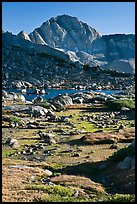 Alpine meadow, lake, and Mt Giraud, Dusy Basin. Kings Canyon National Park, California, USA. (color)