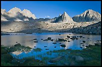 North Palissade, Isocele Peak and Mt Giraud reflected in lake, Dusy Basin. Kings Canyon National Park, California, USA. (color)
