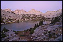 Palissade range and lake at dusk, Lower Dusy basin. Kings Canyon National Park, California, USA.