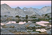 Alpine lakes and mountain range at dawn, Dusy Basin. Kings Canyon National Park, California, USA. (color)