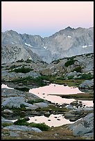 Alpine tarns and mountains, dawn, Dusy Basin. Kings Canyon National Park, California, USA. (color)