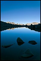 Rocks and calm lake with mountain reflections, early morning, Dusy Basin. Kings Canyon National Park, California, USA.
