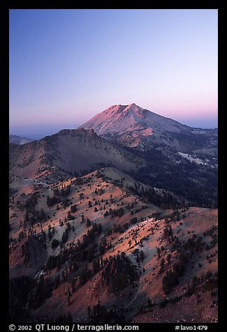Mt Diller, Pilot Pinnacle, and Lassen Peak from Brokeoff Mountain, sunset. Lassen Volcanic National Park (color)