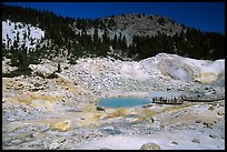 Colorful deposits and turquoise pool in Bumpass Hell thermal area. Lassen Volcanic National Park, California, USA.