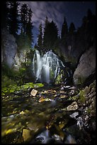 Wide view of Kings Creek Falls and starry sky. Lassen Volcanic National Park, California, USA.