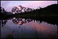 Mount Shuksan and Picture lake, sunset,  North Cascades National Park. Washington, USA. (color)
