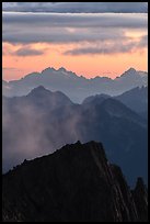Jagged mountain ridges at sunset, North Cascades National Park. Washington, USA.