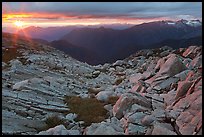 Last rays of sunset color rocks in alpine basin, North Cascades National Park.  ( color)