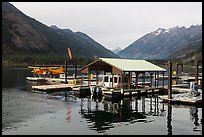 Fuel pump, boat, and floatplane, Stehekin, North Cascades National Park Service Complex. Washington, USA.