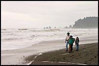 Family walking on Rialto Beach. Olympic National Park, Washington, USA. (color)