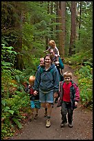 Family walking on forest trail. Olympic National Park, Washington, USA. (color)