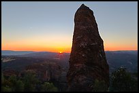 Rock pillar and setting sun. Pinnacles National Park, California, USA. (color)
