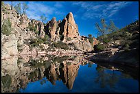 Spire and reflection in glassy water, Bear Gulch Reservoir. Pinnacles National Park, California, USA. (color)