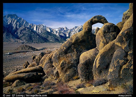 Rock arch and Sierra Nevada range with Mt Whitney, morning. Sequoia National Park (color)