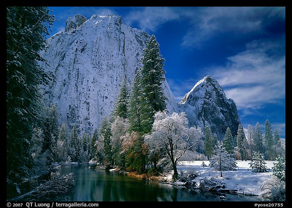 Cathedral rocks and Merced River with fresh snow. Yosemite National Park (color)