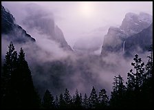 Yosemite Valley from Tunnel View with fog. Yosemite National Park, California, USA.