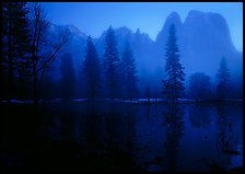 Cathedral rocks with mist, winter dusk. Yosemite National Park, California, USA.