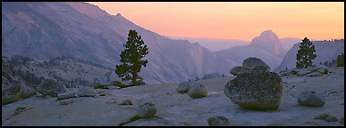Glacial polish and erratics, Clouds Rest and Half Dome, sunset. Yosemite National Park (Panoramic color)