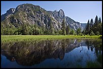 Sentinel Rock reflected in seasonal pond, Cook Meadow. Yosemite National Park, California, USA.