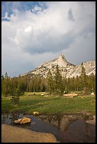 Meadow, Cathedral Peak, and clouds. Yosemite National Park, California, USA.