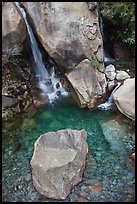 Boulder and emerald waters in pool, Wapama Falls, Hetch Hetchy. Yosemite National Park, California, USA.