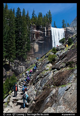Crowded Mist Trail and Vernal fall. Yosemite National Park, California, USA.