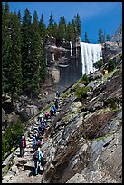 Crowded Mist Trail and Vernal fall. Yosemite National Park, California, USA.