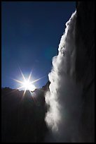 Backlit waterfall from Fern Ledge. Yosemite National Park, California, USA.